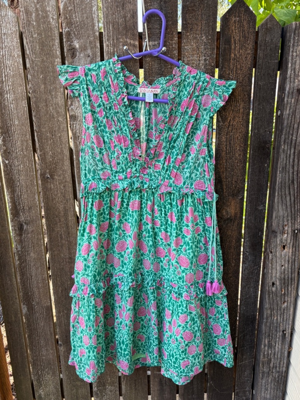 Banjanan Chandra Tiered Floral Cotton-Voile Ruffle Dress In Green/Pink Sz XS